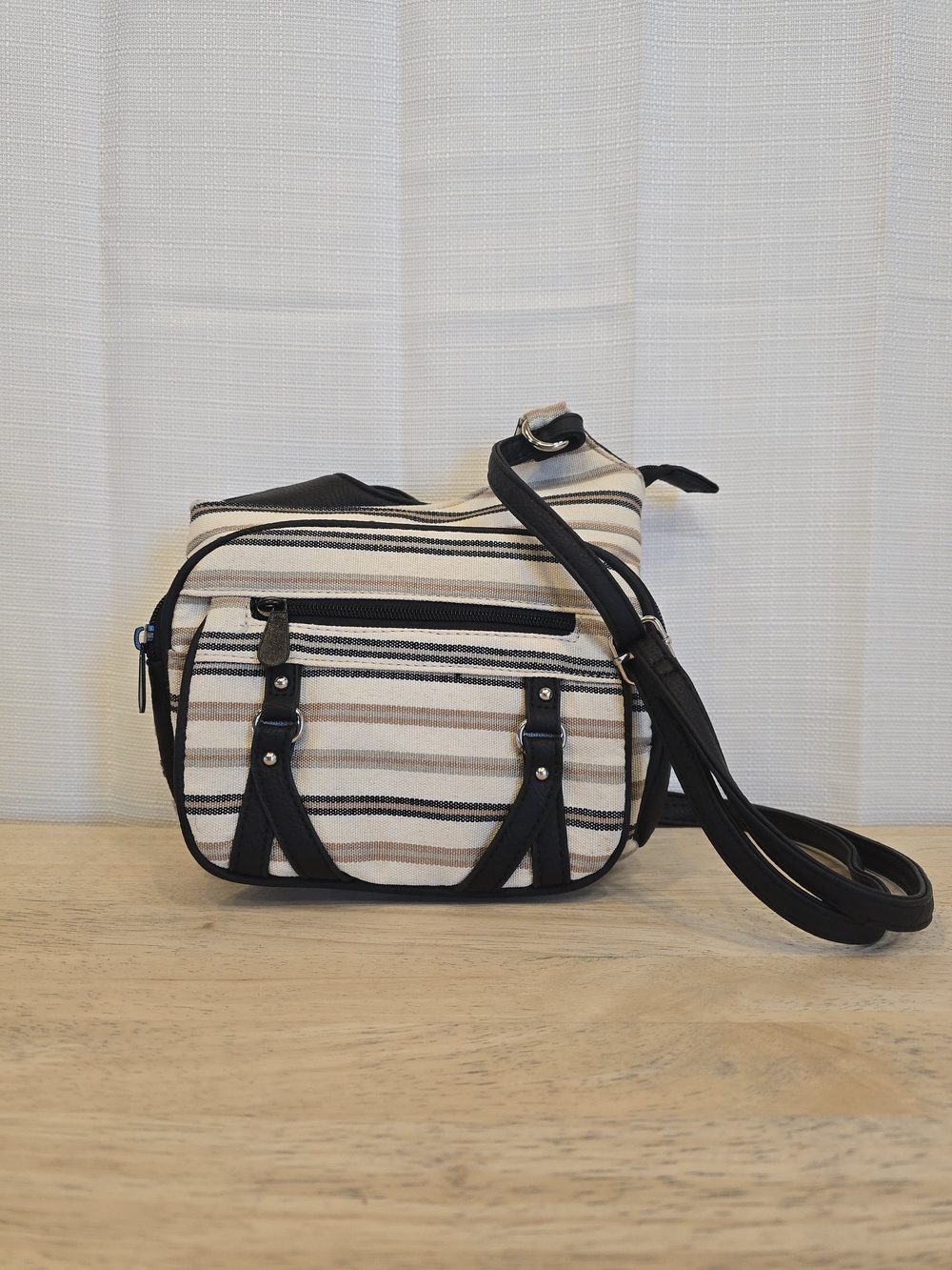 MultiSac Striped Canvas Crossbody Bag Multi-Pocket Organizer, Neutral/Black